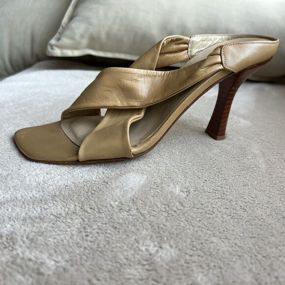 Stuart Weitzman Camel Brown Leather Slide Heeled Sandals Women 5.5 M Crossover - Picture 2 of 16